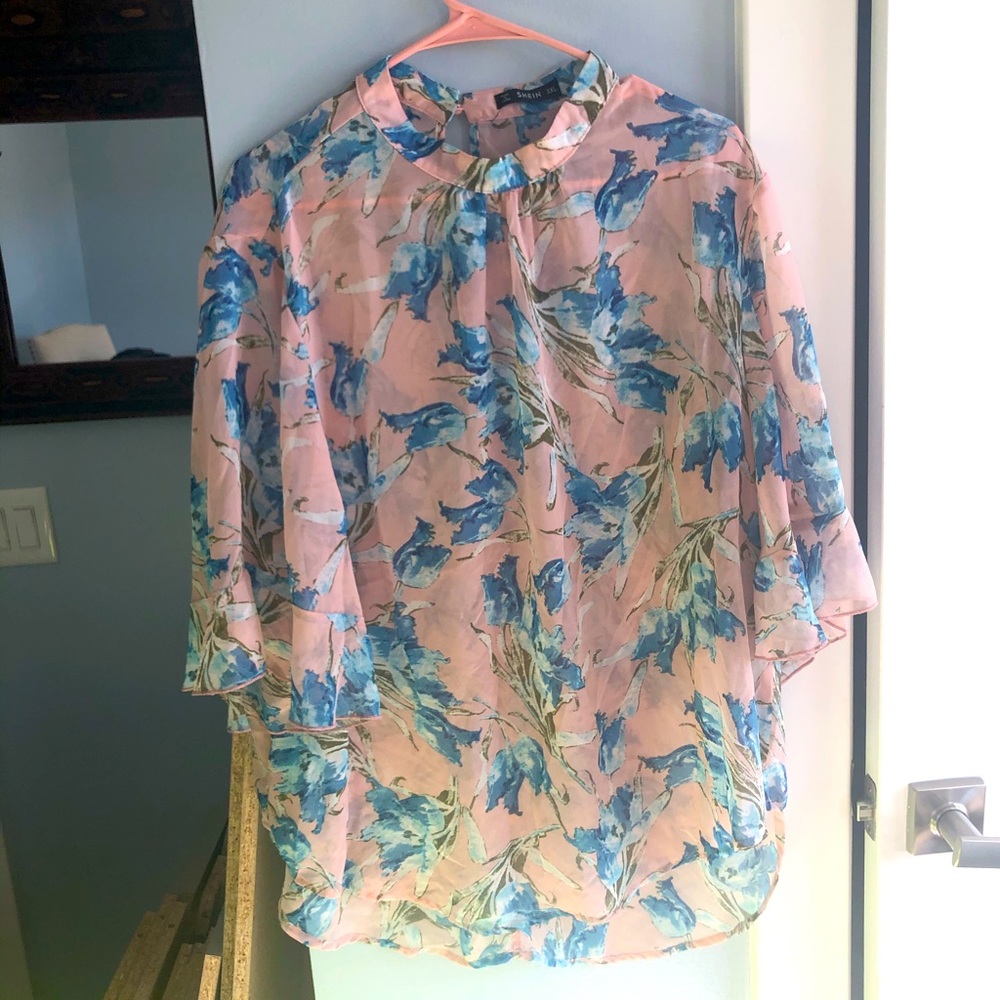 Pink and blue floral plus size flutter sleeve top